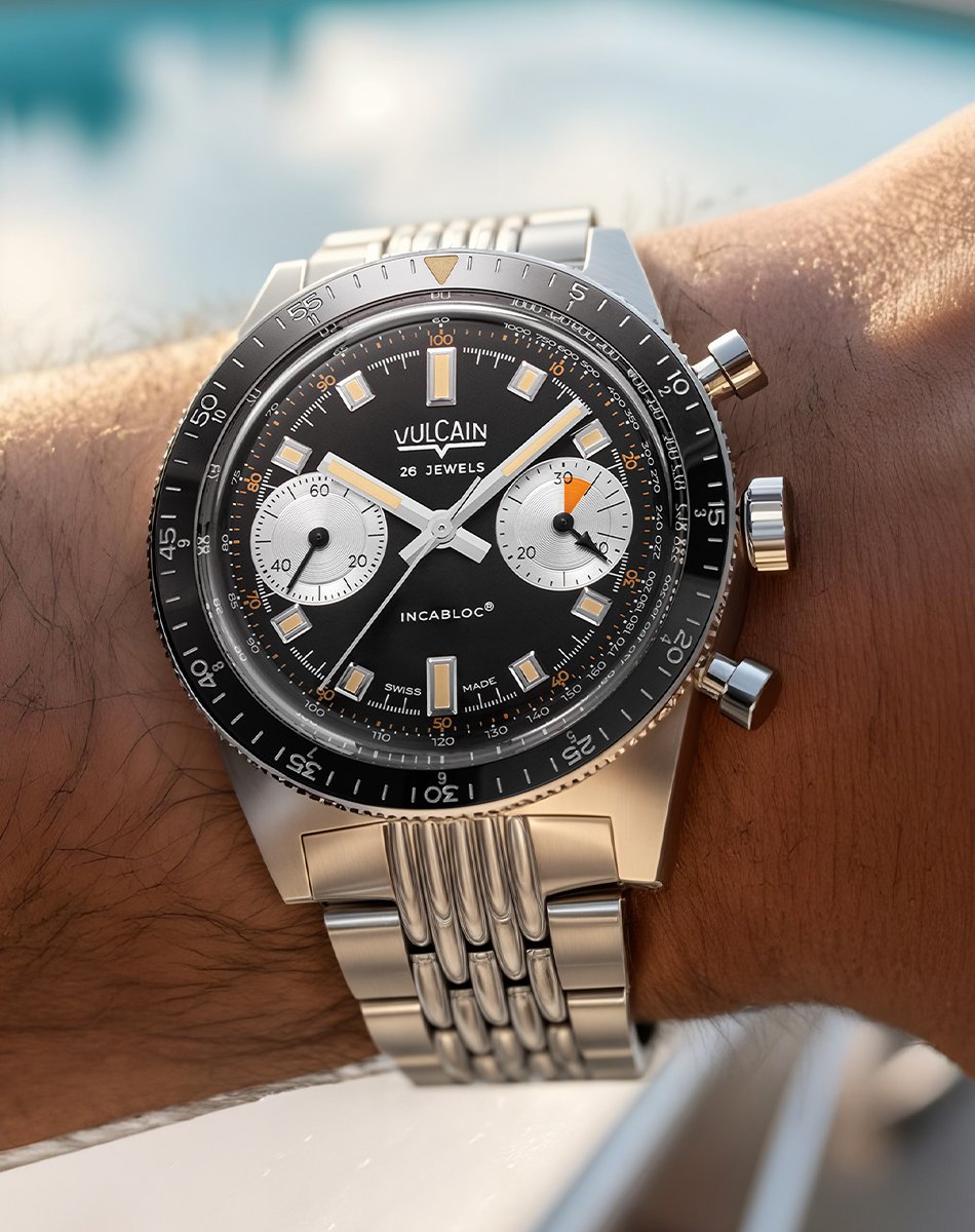 Vulcain – Skindiver Chronograph, schwarze Taucheruhr mit Chronograph und Stahlband