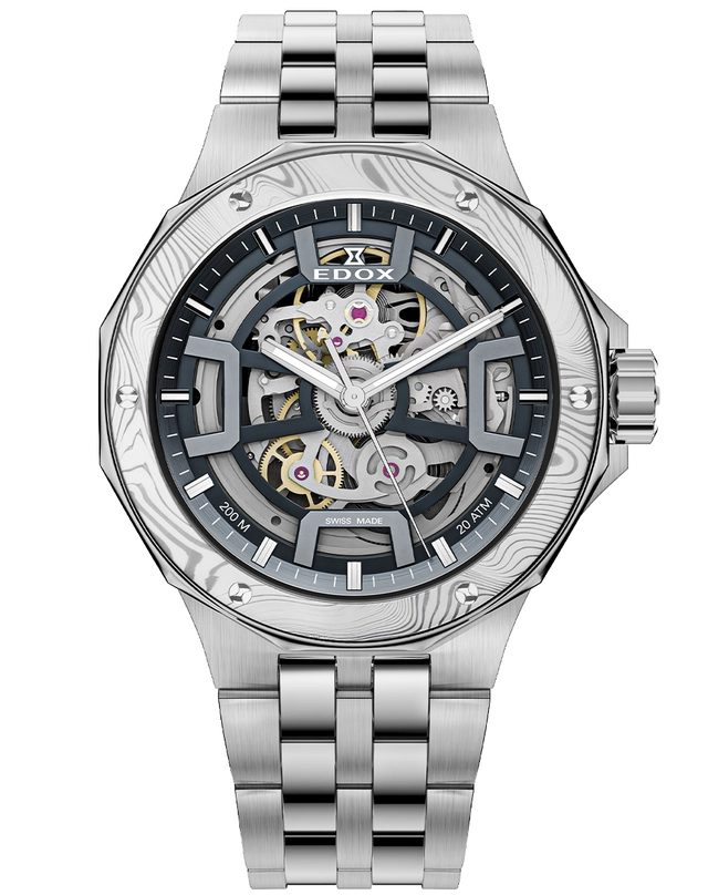 Edox – Delfin Mecano Damascus Steel Limited Edition, limitierte Taucheruhr mit skelettiertem Zifferblatt und Automatikwerk