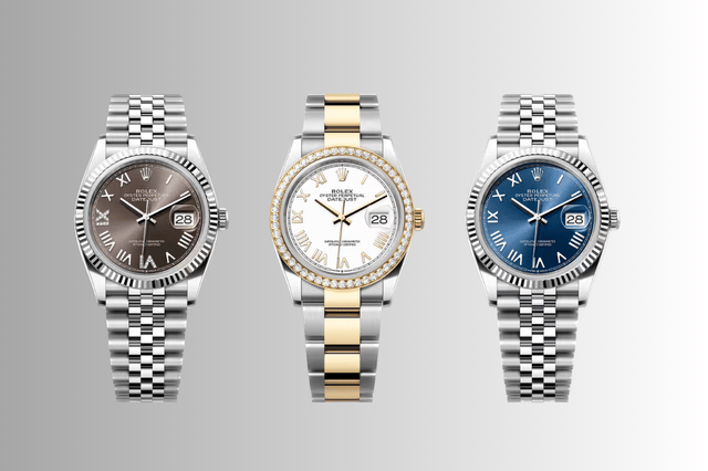Drei Varianten der Rolex Oyster Perpetual Datejust mit neuen römischen Ziffern 