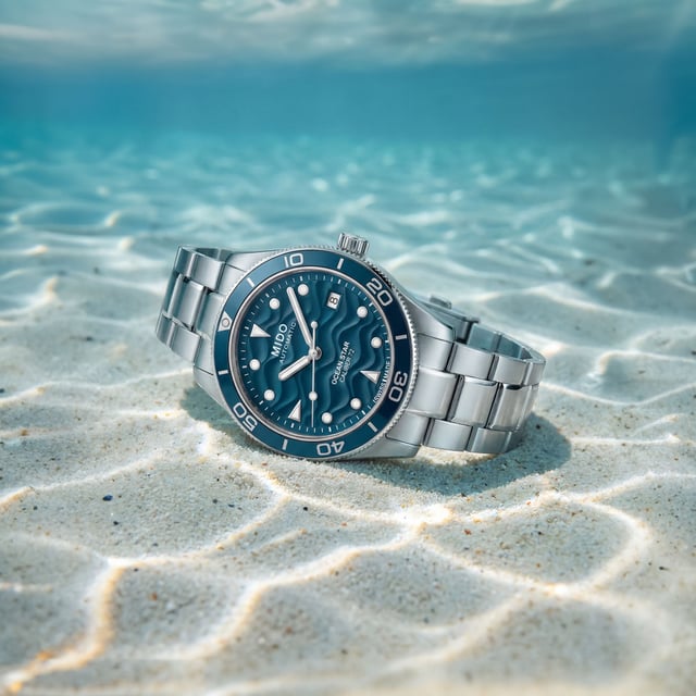 Mido-Ocean-Star-39-blau-Stahlband-underwater