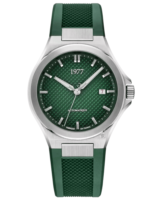 Die Arsène von Montres 1977 in Grün mit Kautschukband