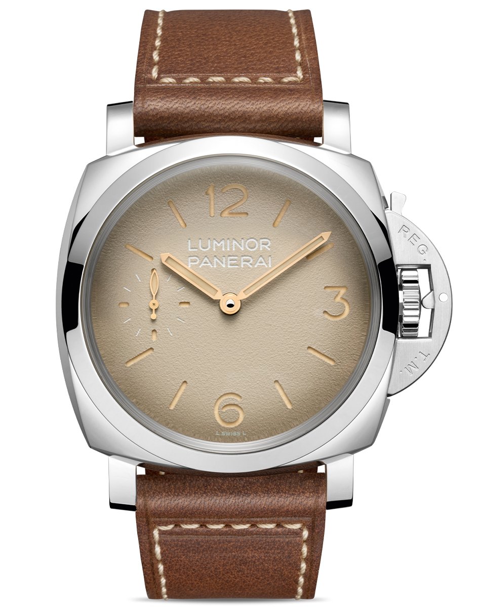 Panerai Luminor PAM01735, Taucheruhr von Panerai mit sandfarbenem Zifferblatt und Handaufzugswerk