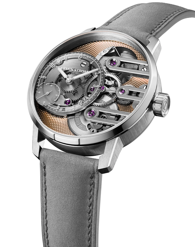 Armin Strom – Gravity Equal Force Ultimate Sapphire Salmon, komplizierte Luxusuhr mit lachsfarbener Farbgebung und Lederband