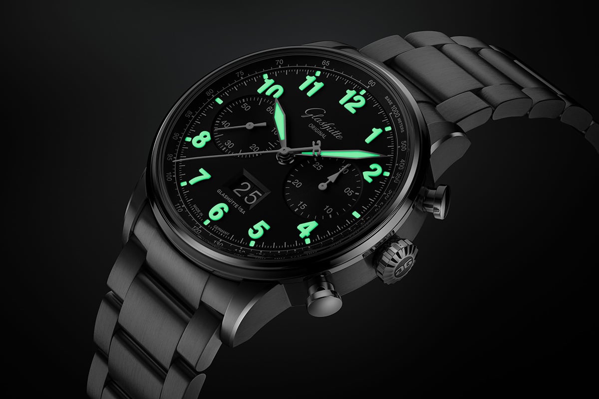 Glashütte Original Senator Chronograph Navigator 1-37-24-20-12-71, Zifferblatt mit Leuchtindexen