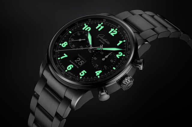 Glashütte Original Senator Chronograph Navigator 1-37-24-20-12-71, Zifferblatt mit Leuchtindexen