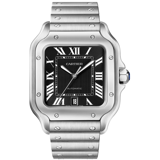 Santos de Cartier, großes Modell, mechanische Uhr mit Automatikaufzug, Uhr aus Edelstahl mit schwarzem Zifferblatt