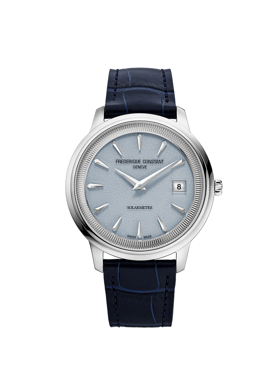 Frederique Constant Moneta Solarmetre, Referenz FC-120LB3S6, hellblaues Zifferblatt, Uhr am dunklen Lederband, Frontansicht