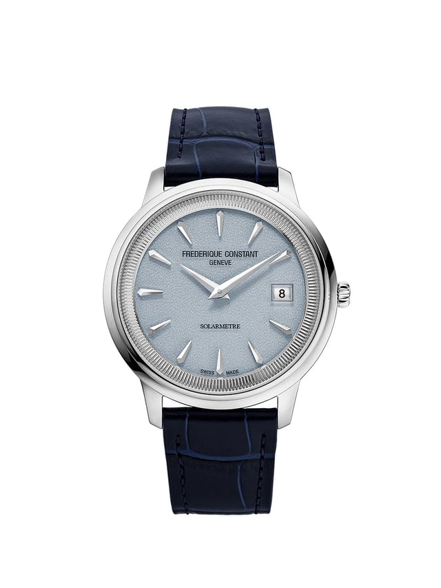 Frederique Constant Moneta Solarmetre, Referenz FC-120LB3S6, hellblaues Zifferblatt, Uhr am dunklen Lederband, Frontansicht