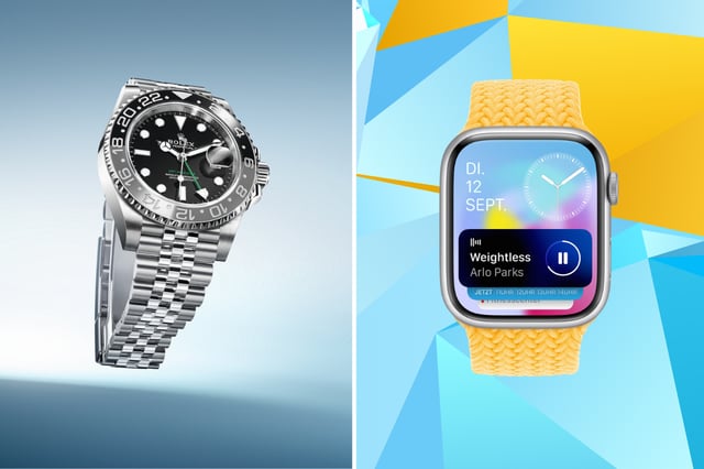 Die Rolex Oyster Perpetual GMT-Master II und eine Apple Watch.