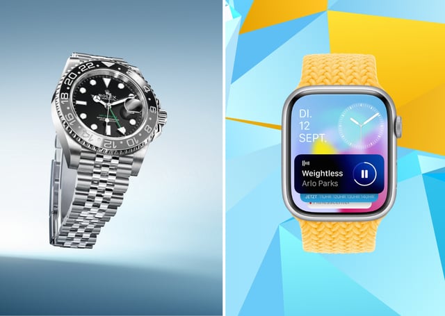 Die Rolex Oyster Perpetual GMT-Master II und eine Apple Watch.