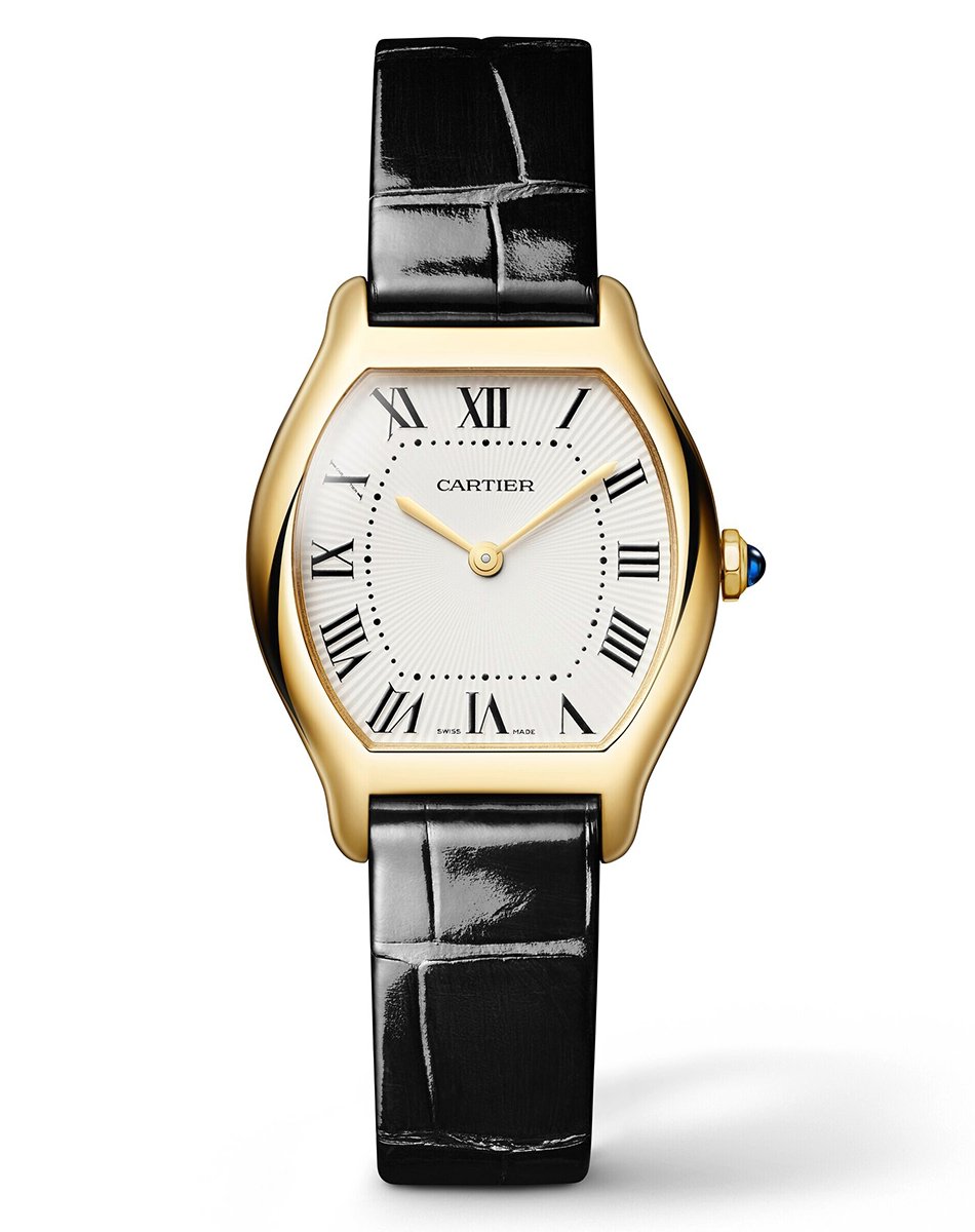 Cartier Tortue, elegante Golduhr mit Lederband