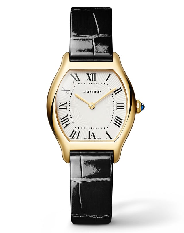 Cartier Tortue, elegante Golduhr mit Lederband