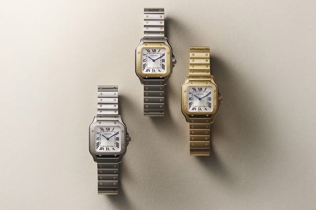 Drei Uhren, Santos de Cartier in Edelstahl und Gold
