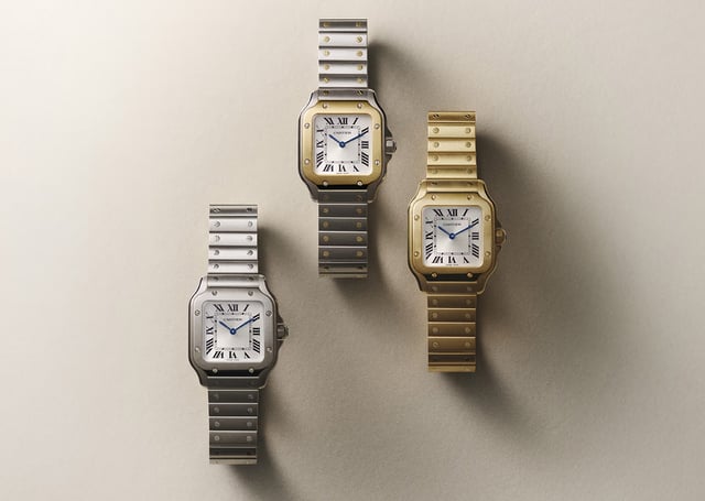 Drei Uhren, Santos de Cartier in Edelstahl und Gold