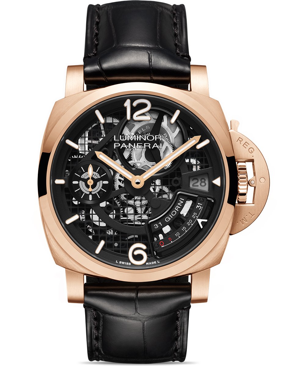 Panerai Luminor 31 Giorni PAM01631, skelettierte Taucheruhr aus Gold mit langer Gangreserve
