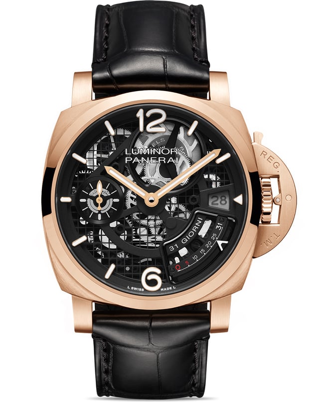 Panerai Luminor 31 Giorni PAM01631, skelettierte Taucheruhr aus Gold mit langer Gangreserve