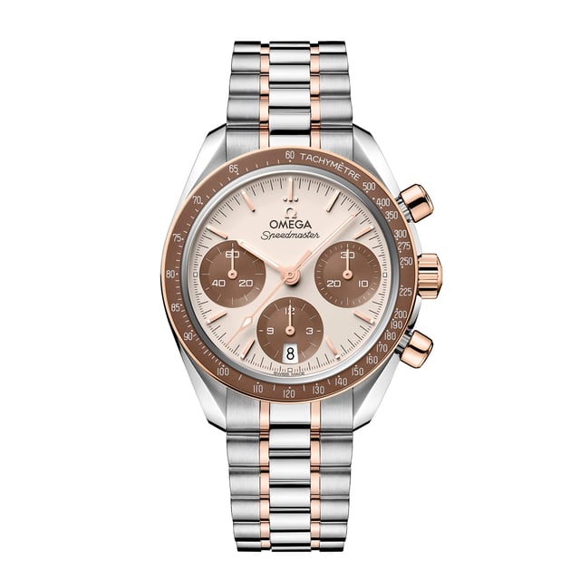 Omega Speedmaster 38, 38 mm, Gehäuse aus Stahl und Sedna‑Gold mit Stahl‑ und Sedna‑Goldband, Referenz 324.20.38.50.02.002, 11.300 Euro