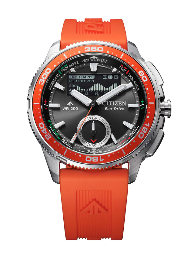 Citizen Promaster Wave Tracker, ref. JV3000-13E, orangenes Kautschukband: Frontansicht Uhr