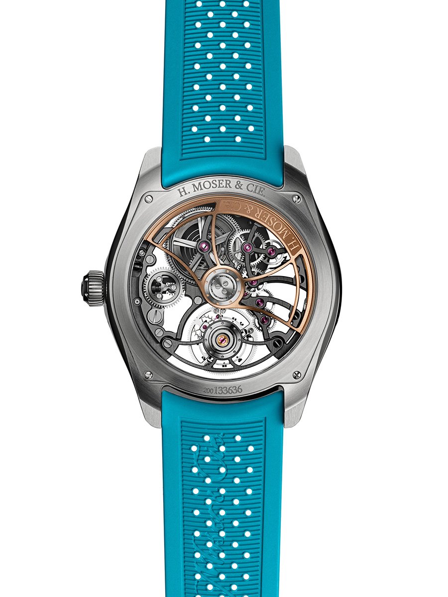 H. Moser & Cie. Pioneer Cylindrical Tourbillon Skeleton Spiced Aqua, Uhr Rueckseite 