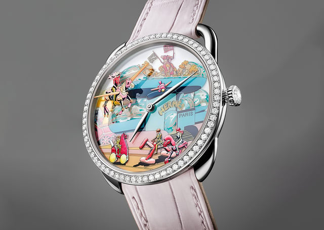 Hermès Arceau Locomotion, Uhr mit Weißgoldgehäuse und buntem Zifferblatt
