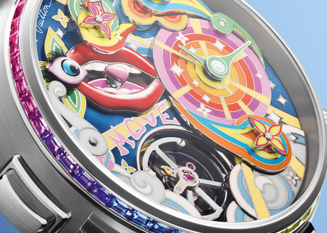 Die Louis Vuitton Tambour Taiko Arty Automata, Detailansicht des Zifferblattes mit bunten Symbolen