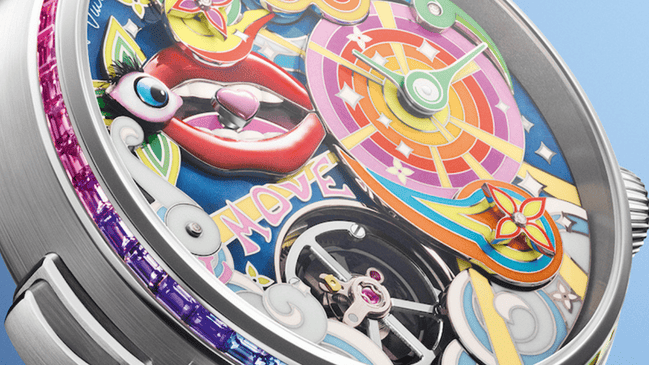 Die Louis Vuitton Tambour Taiko Arty Automata, Detailansicht des Zifferblattes mit bunten Symbolen