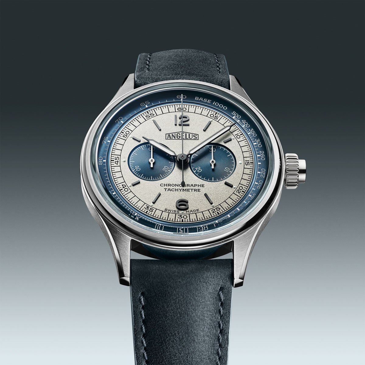 Angelus: Chronographe Tachymètre Stahl Perlgrau mit Petrolblau