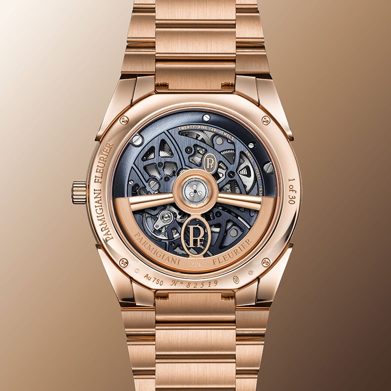 Parmigiani Fleurier Tonda PF Skelett Roségold Milano Blue: Bodenansicht Gehäuse