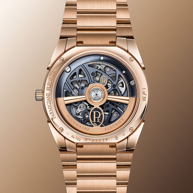 Parmigiani Fleurier Tonda PF Skelett Roségold Milano Blue: Bodenansicht Gehäuse