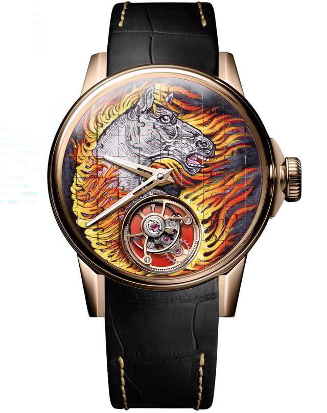 Louis Moinet – Tourbillon Puzzle Fire Horse, Luxusuhr aus Gold mit Handaufzugskaliber und kunstvollem Zifferblatt 