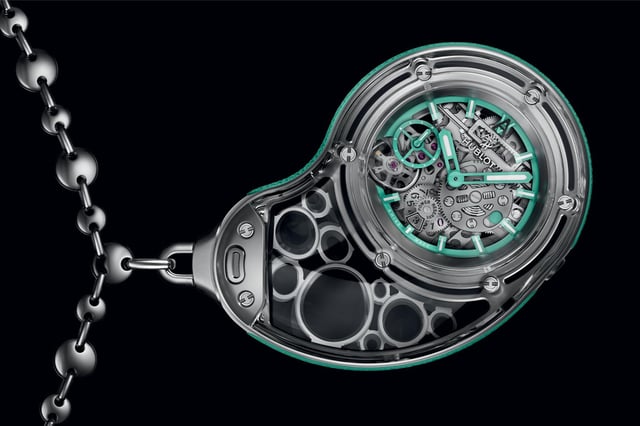 Hublot, Taschenuhr aus Saphir mit sichtbarer Mechanik und Handaufzugswerk