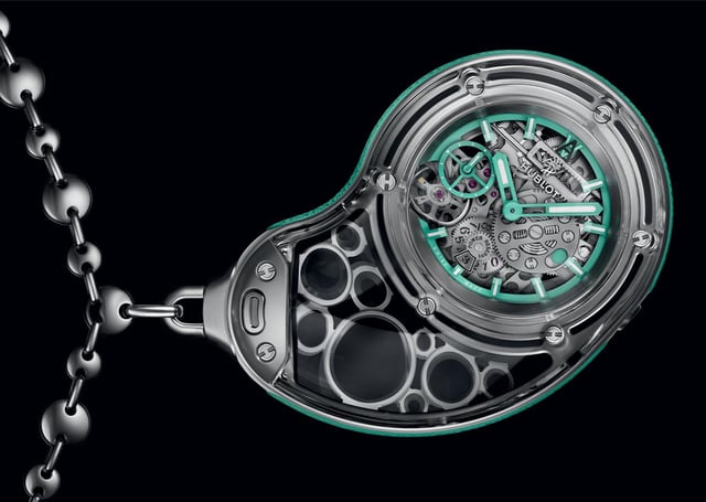 Hublot, Taschenuhr aus Saphir mit sichtbarer Mechanik und Handaufzugswerk