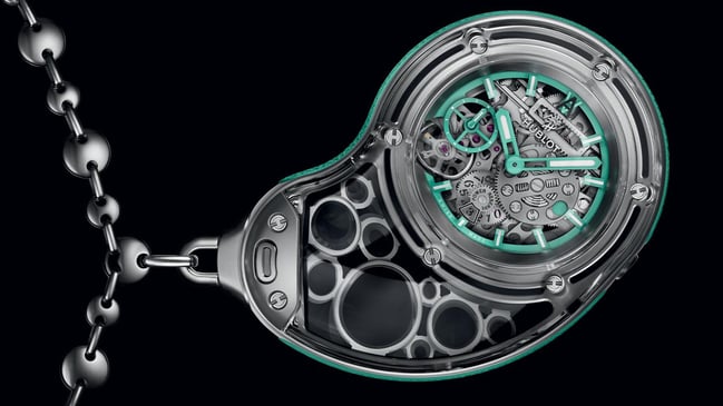 Hublot, Taschenuhr aus Saphir mit sichtbarer Mechanik und Handaufzugswerk