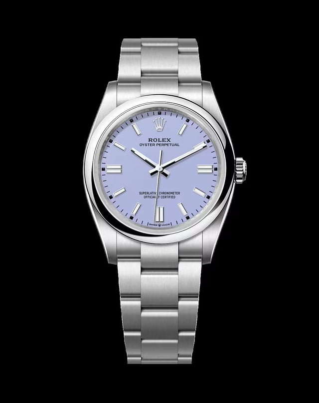 Rolex Oyster Perpetual 38 in Oystersteel mit lavendelfarbenem Zifferblatt, Ref. 126000