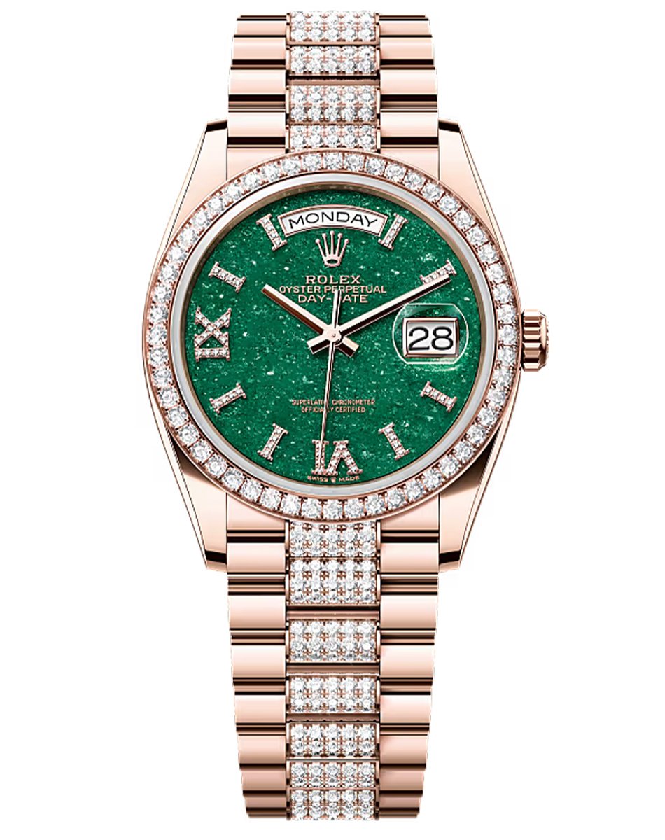 Rolex stattet unter anderem die Day-Date gerne mit Steinzifferblättern aus, Golduhr mit Diamantbesatz