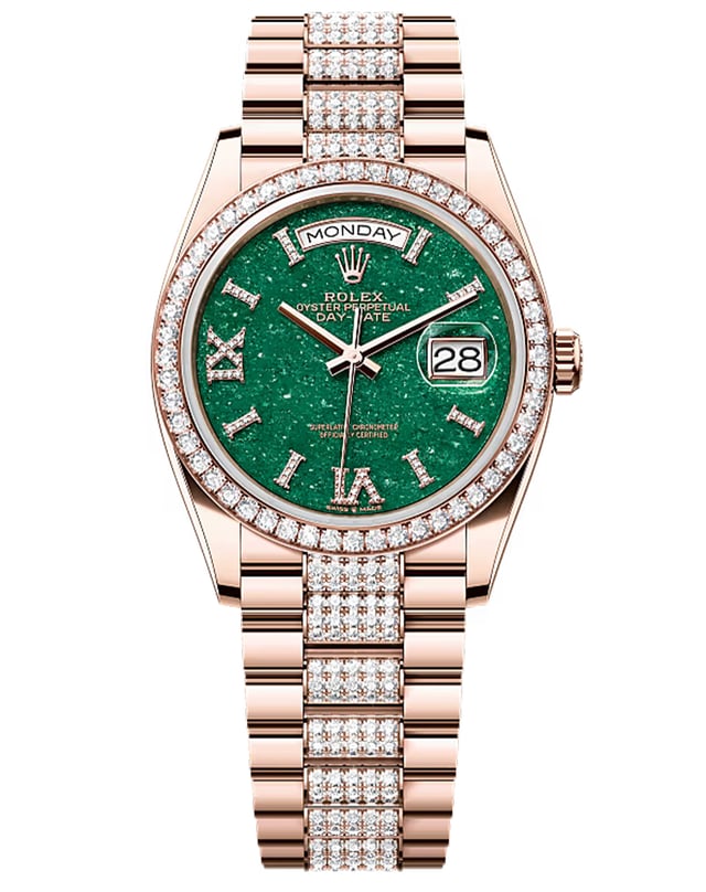 Rolex stattet unter anderem die Day-Date gerne mit Steinzifferblättern aus, Golduhr mit Diamantbesatz