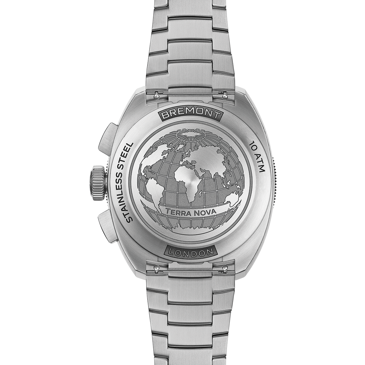 Bremont Terra Nova 42.5MM HRR Chronograph am Stahlband, Gehäuseboden mit Gravur