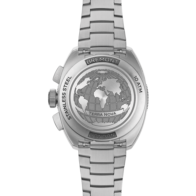 Bremont Terra Nova 42.5MM HRR Chronograph am Stahlband, Gehäuseboden mit Gravur