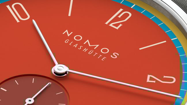 Nomos Glashütte Tangente 38 Datum Sportbunt 175 Years Watchmaking Glashütte Detail
