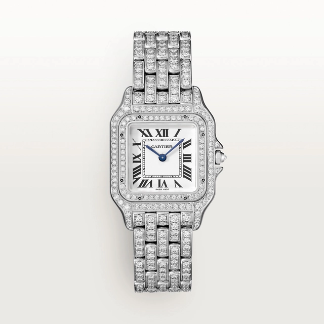 Panthère de Cartier, Mini-Modell mit Quarzwerk. Gehäuse, Mehrkantkrone und Armband aus rhodiniertem 750er Weißgold mit 599 Diamanten im Brillantschliff von insgesamt 3,62 Karat besetzt.