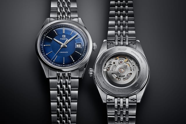 Tissot Visodate, zwei Edelstahluhren, Front und Rückseite