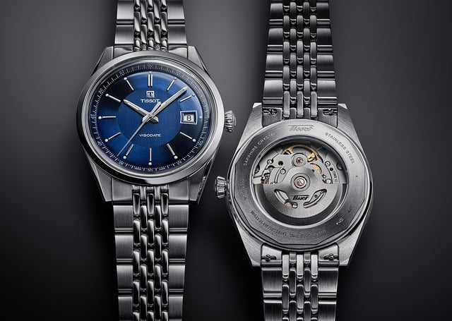 Tissot Visodate, zwei Edelstahluhren, Front und Rückseite