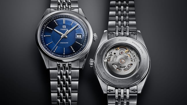 Tissot Visodate, zwei Edelstahluhren, Front und Rückseite