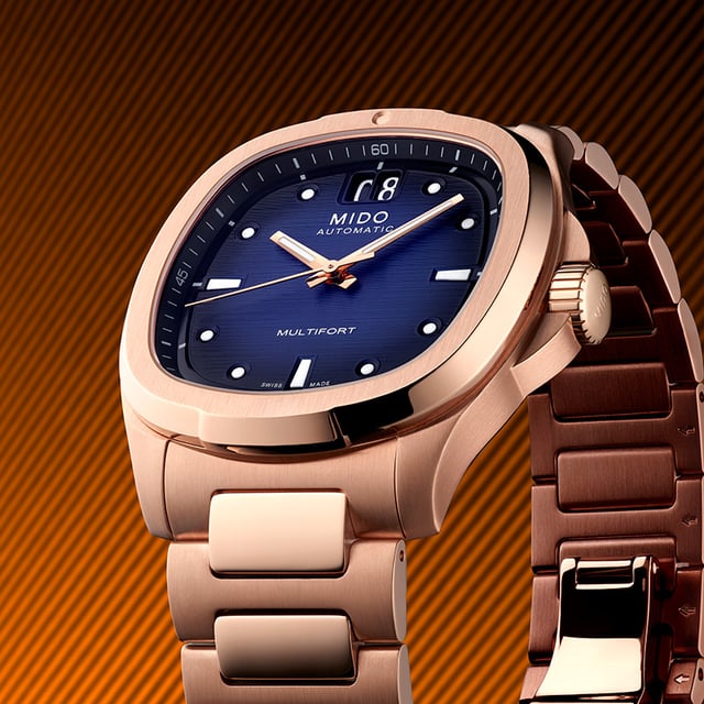 Mido Multifort TV Big Date M049.526.33.041.00, Nahaufnahme Uhr mit blauem Zifferblatt