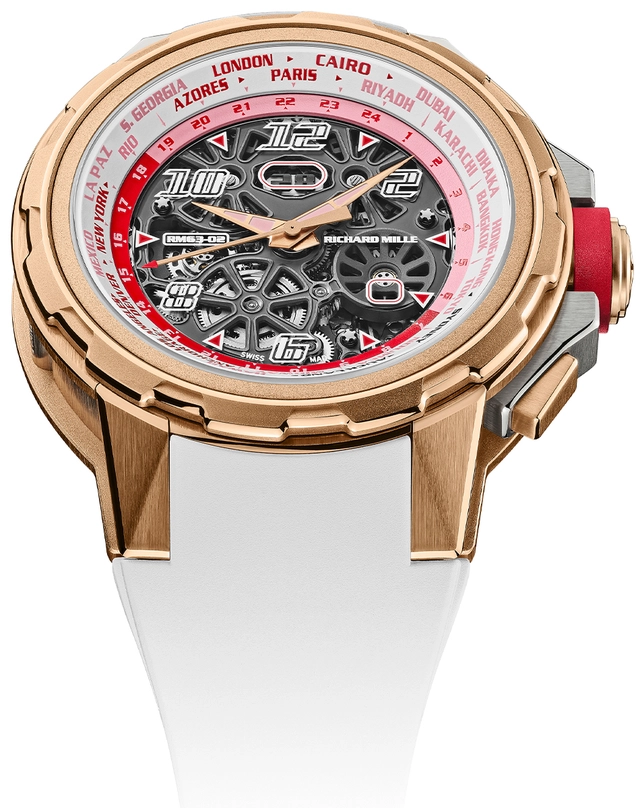 Richard Mille – RM 63-02 Automatic Worldtimer, Automatikuhr aus Gold mit skelettiertem Zifferblatt und Kautschukband