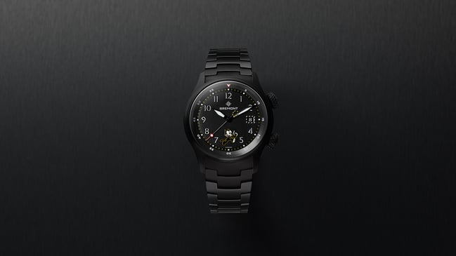 Bremont: Altitude MB Meteor ‘Felix the Cat’, schwarze Uhr vor schwarzem Hintergrund
