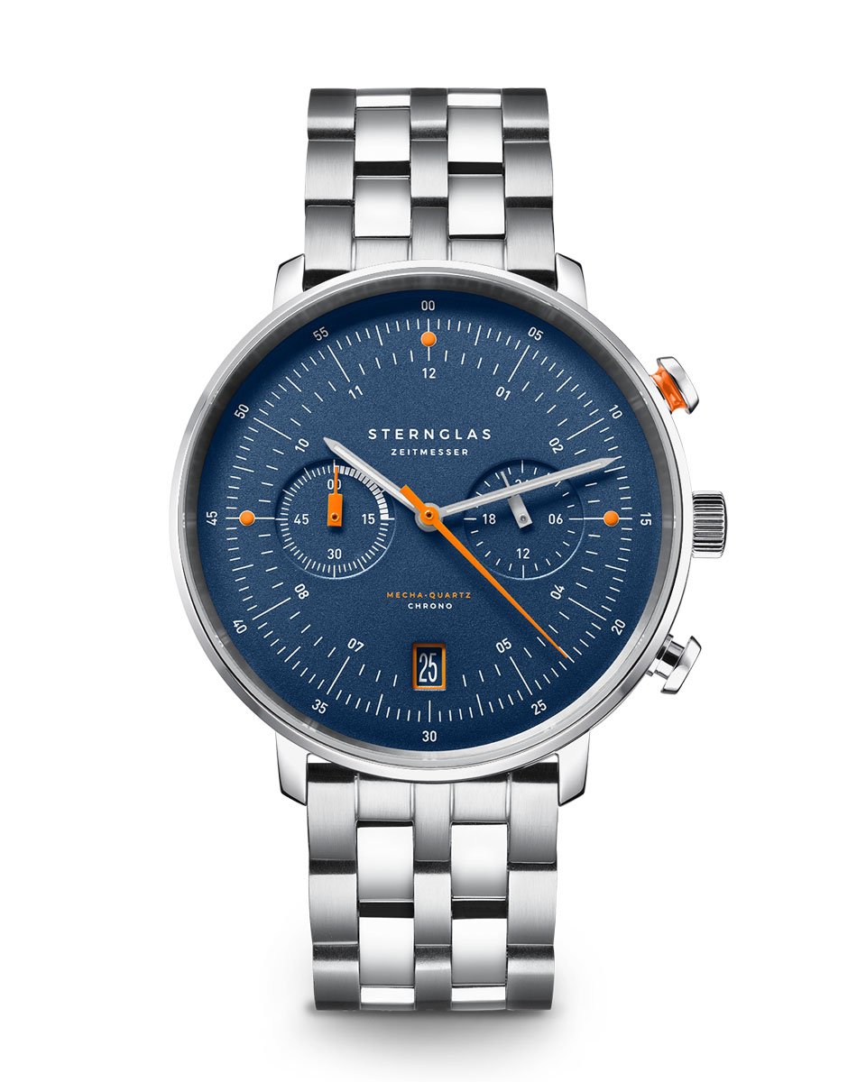 Sternglas: Hamburg Chrono Mecha-Quarz mit blauem Zifferblatt und Stahlband