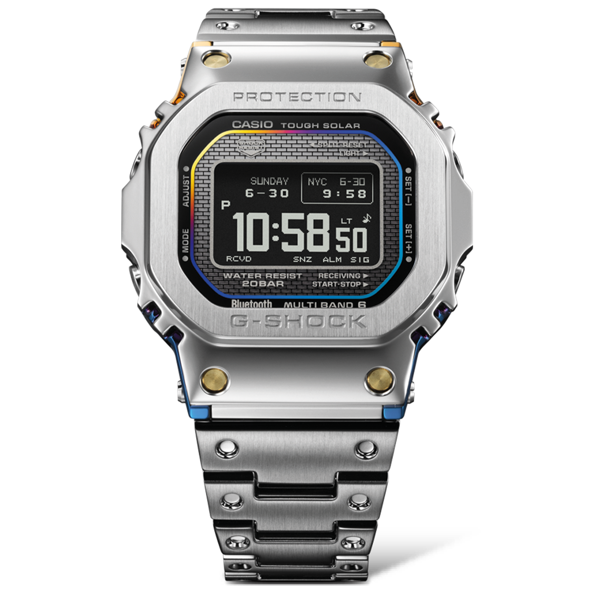 G-Shock GMW-BZ5000RC, regenbogenfarbene Elemente ergänzen das Edelstahl-Design