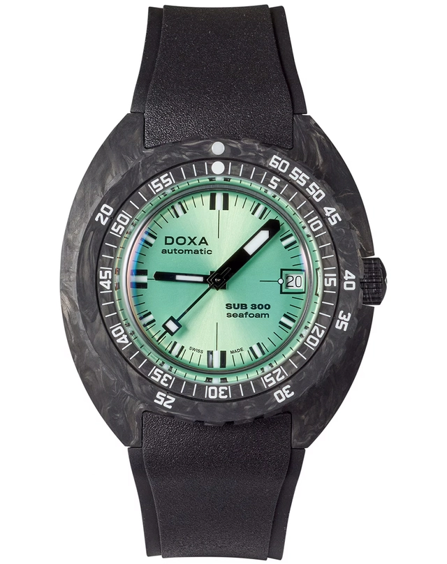 Doxa – SUB 300 Carbon Seafoam, Taucheruhr aus Carbon mit Kautschukband und pastellgrünem Zifferblatt