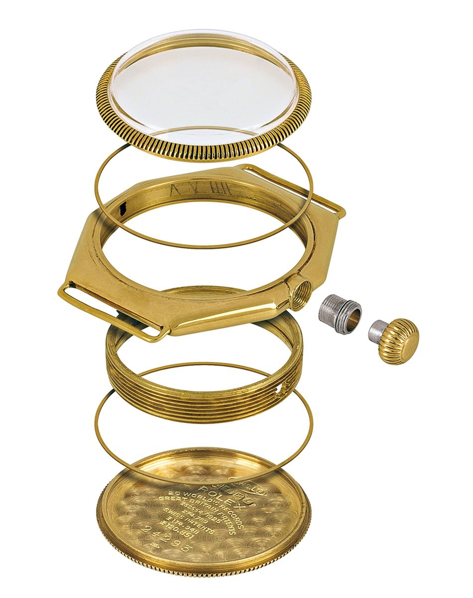 Rolex: Explosionszeichnung des ersten, achteckigen, Oystergehäuses von 1926